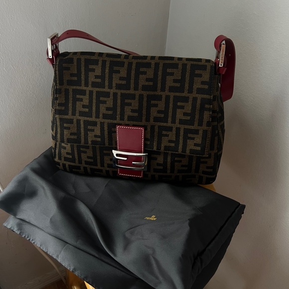 Fendi Mamma Baguette Shoulder Bag Monogram Zucca FF Brown Red Vintage W Dust Bag - Picture 16 of 16